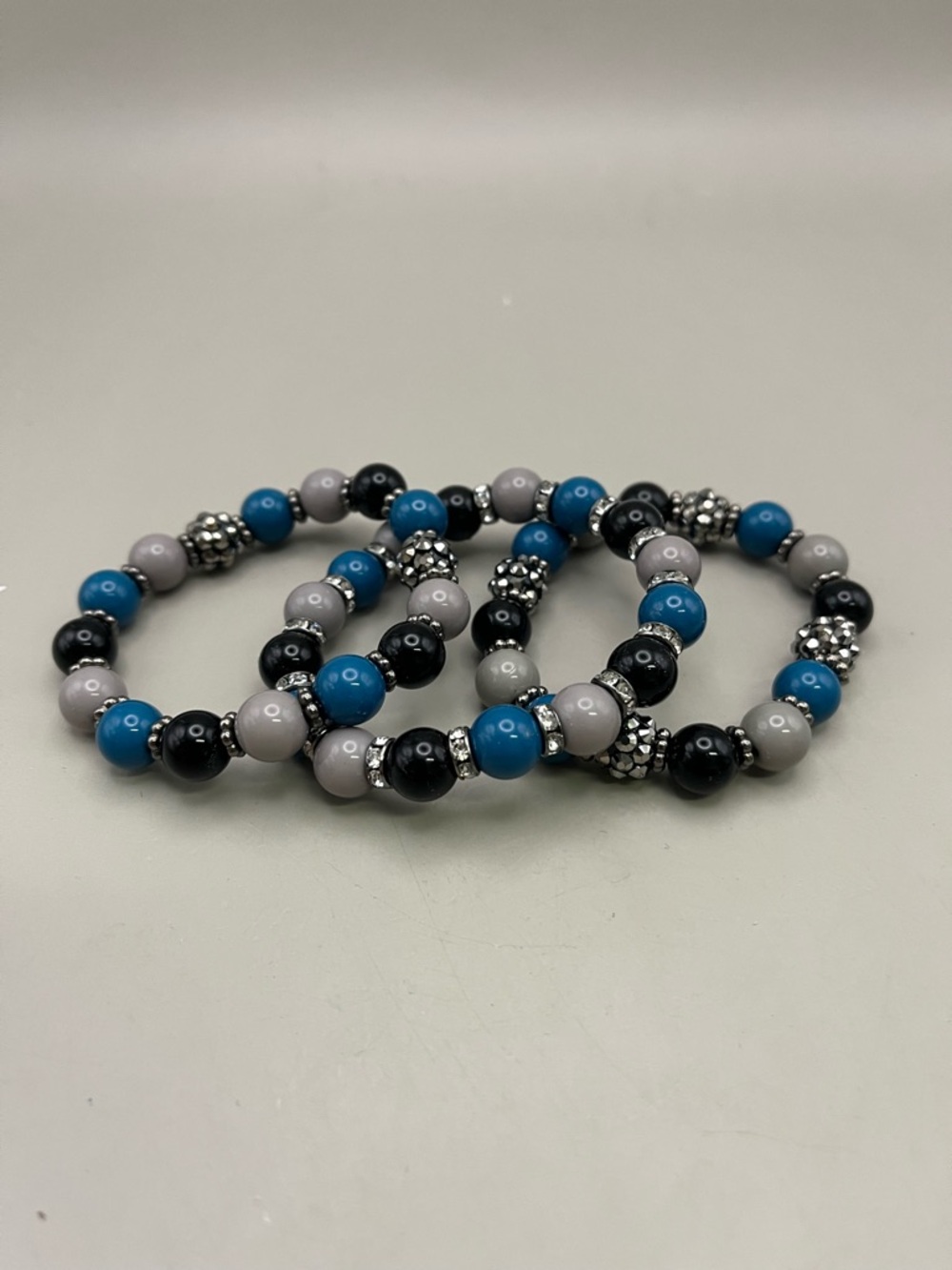 Set of 3 Teal Blue Gray Black Beaded Stretch Bracelets Silver Rhinestone boho